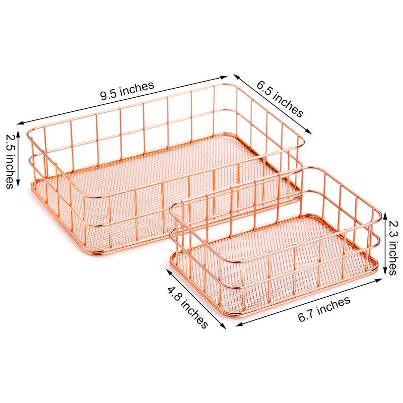 Hacaroa 4 Pack Rose Gold Wire Mesh Basket  Metal Desk Drawer Organizer Desktop Holder Tray for Cosmetic  Stationery  Magazines  Fruit Snacks  Home  School  Office  2 Size - Image 2